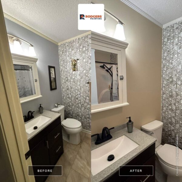 Before and after of a bathroom repainted from gray to a warm tan