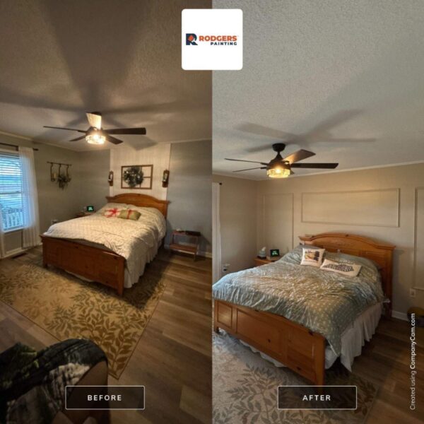 Before and after of a bedroom with a new painted accent wall and trim