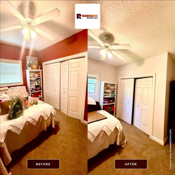 Before and after of a bedroom repainted from bright red to Egret White