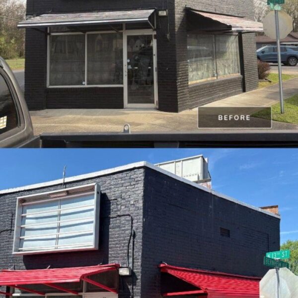 Before and after of a commercial brick building painted black