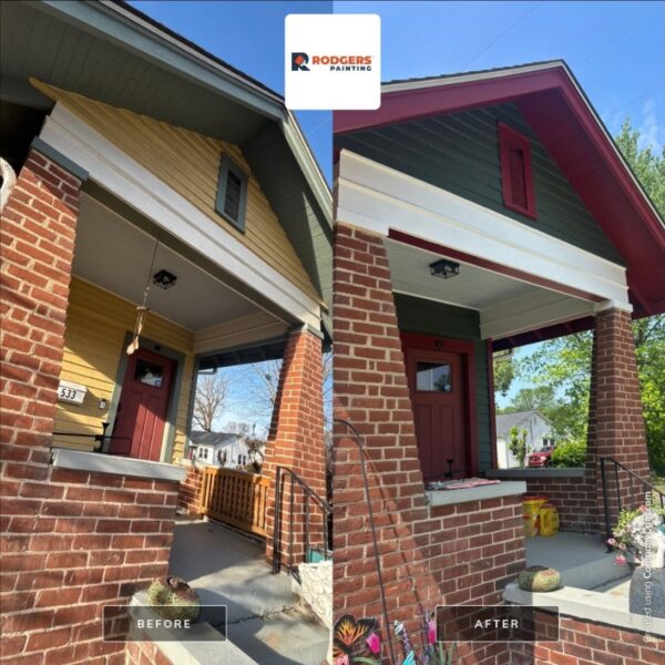 Before and after of a craftsman porch repainted from yellow to green with a red door