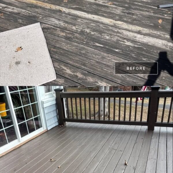 Before and after of a weathered gray deck restained with a dark railing