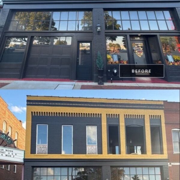 Before and after of a downtown storefront repainted from white to black with yellow trim