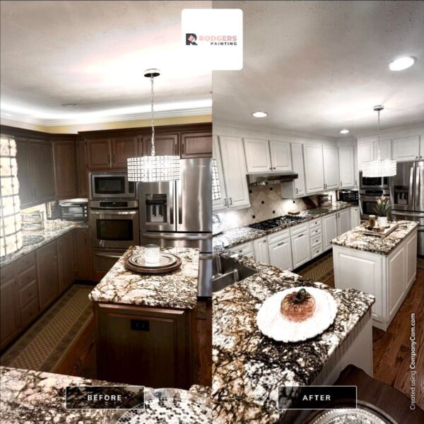 Before and after of dark wood kitchen cabinets painted a high reflective white