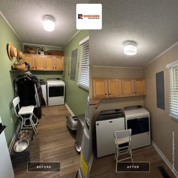 Before and after of a laundry room repainted from green to tan