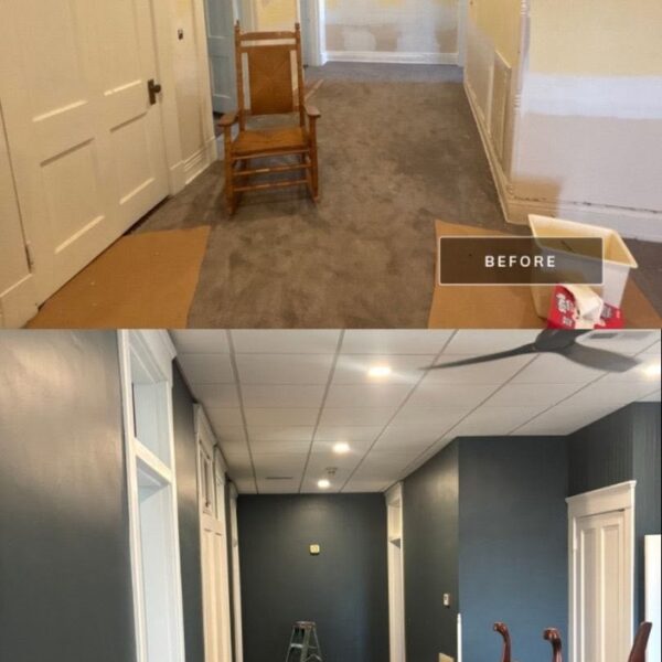 Before and after of an office hallway repainted from cream to dark blue gray