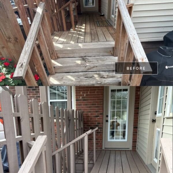 Side Porch Steps – Before & After Before and after of weathered wooden side porch steps and railing restained a warm brown