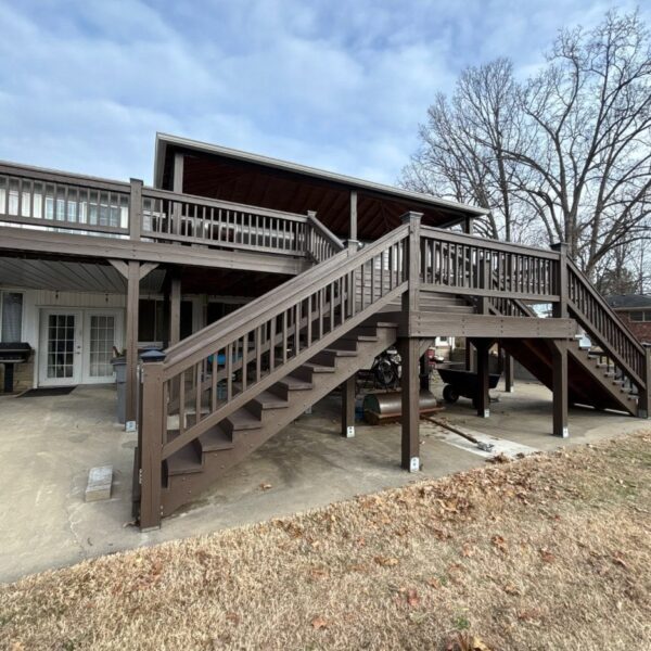 Two-Story Deck & Staircase Two story wooden deck and staircase restained in a semi solid brown by Rodgers Painting