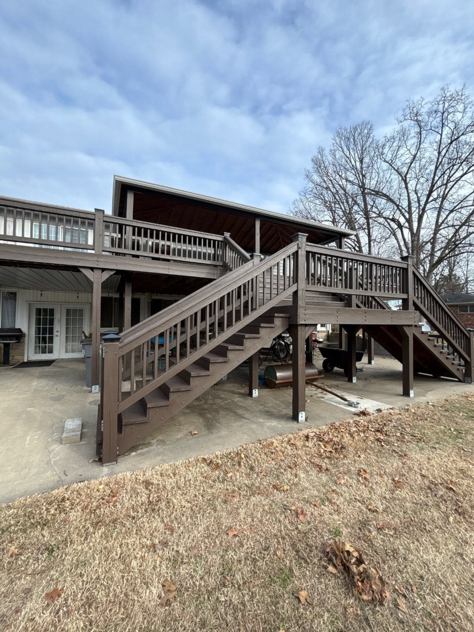Two-Story Deck & Staircase Two story wooden deck and staircase restained in a semi solid brown by Rodgers Painting
