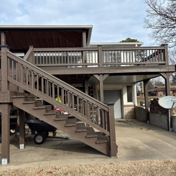 Two-Story Deck Restain Rear two story deck and stairs restained, viewed from the driveway